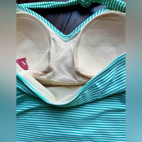 Merona One Piece Green Striped Full Coverage Padded Minimalist Swimsuit M- NWT - Picture 3 of 8